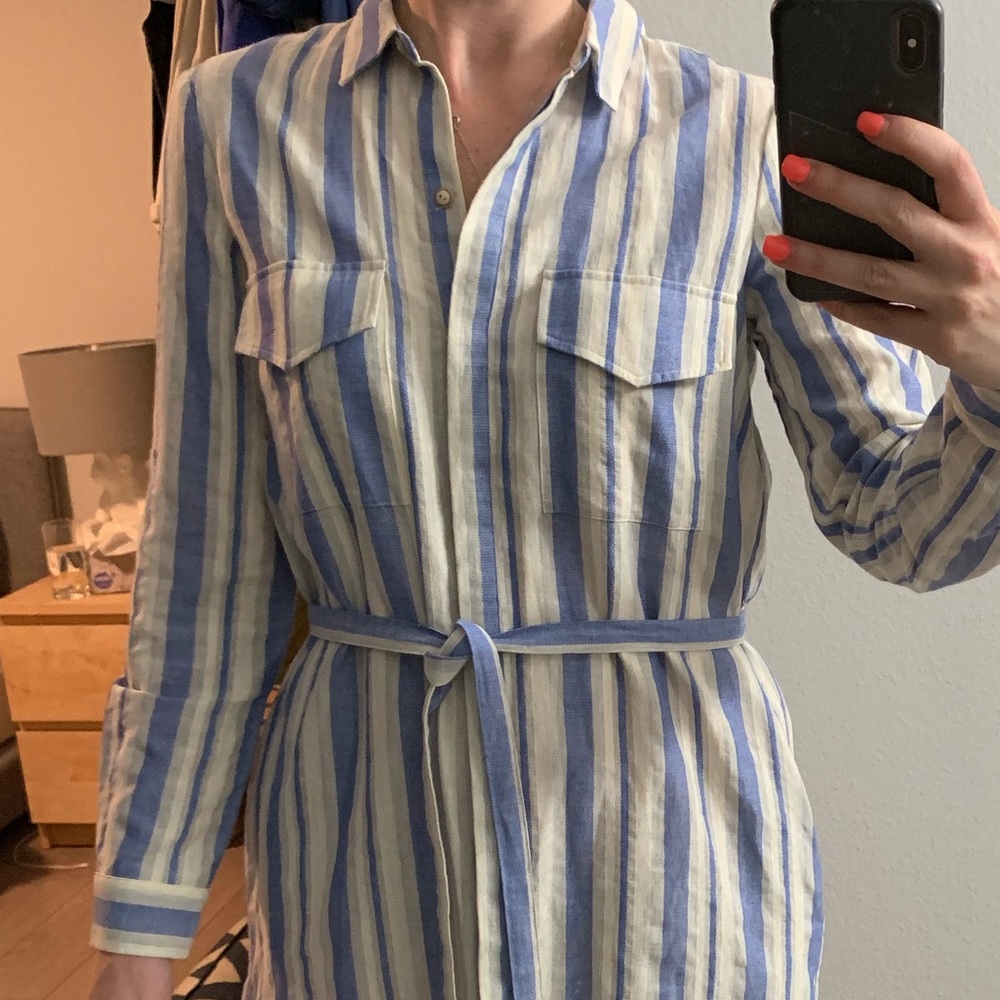 Blue and white striped shirt dress with tie belt